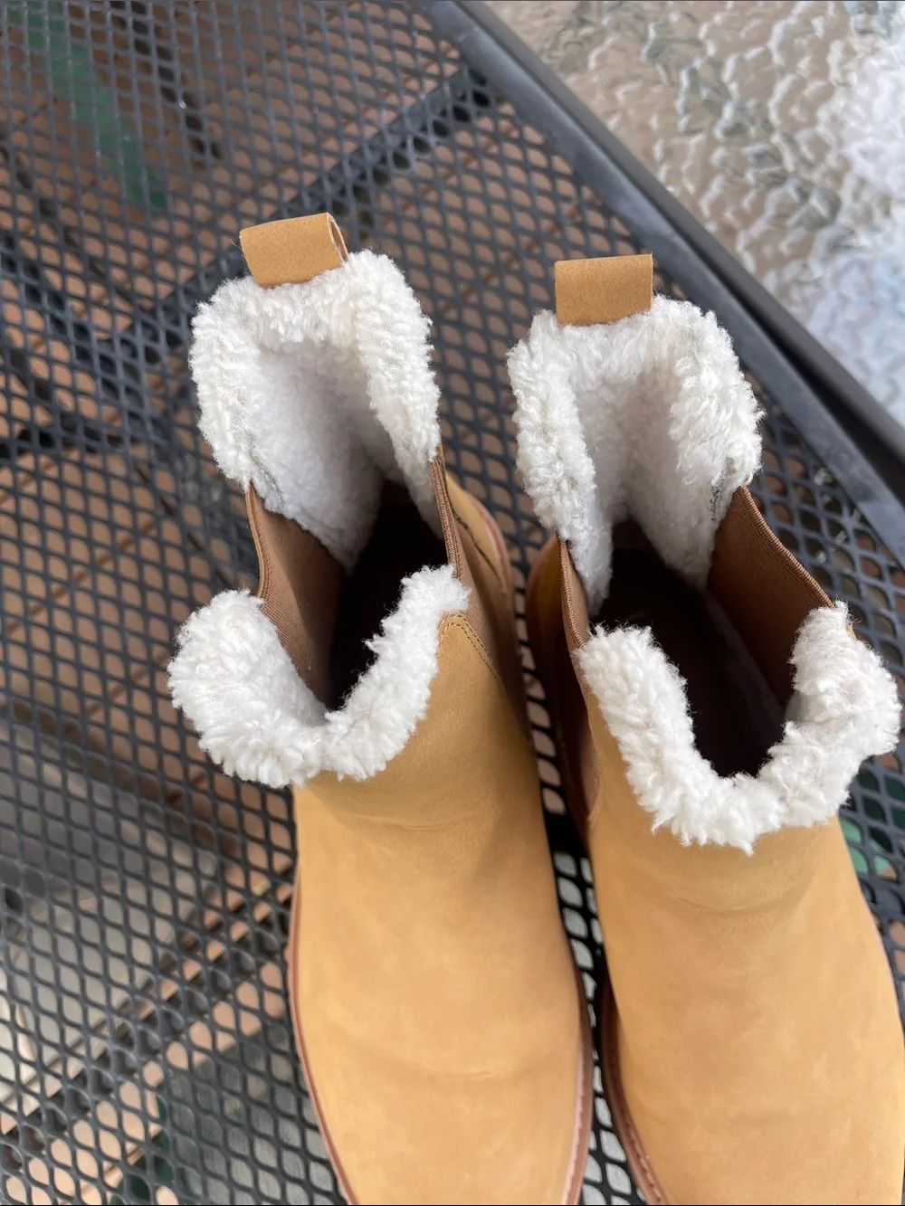 J. Crew Tan Chelsea Ankle Boots with Shearling Collar, faux leather